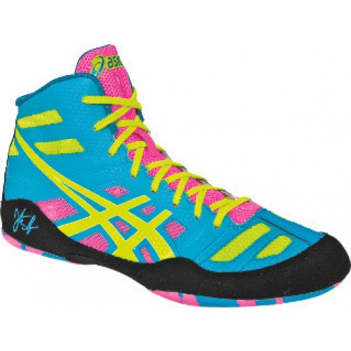blue and yellow asics wrestling shoes