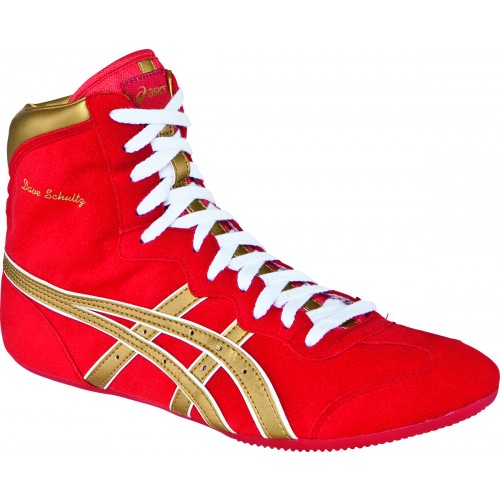 red and gold asics wrestling shoes